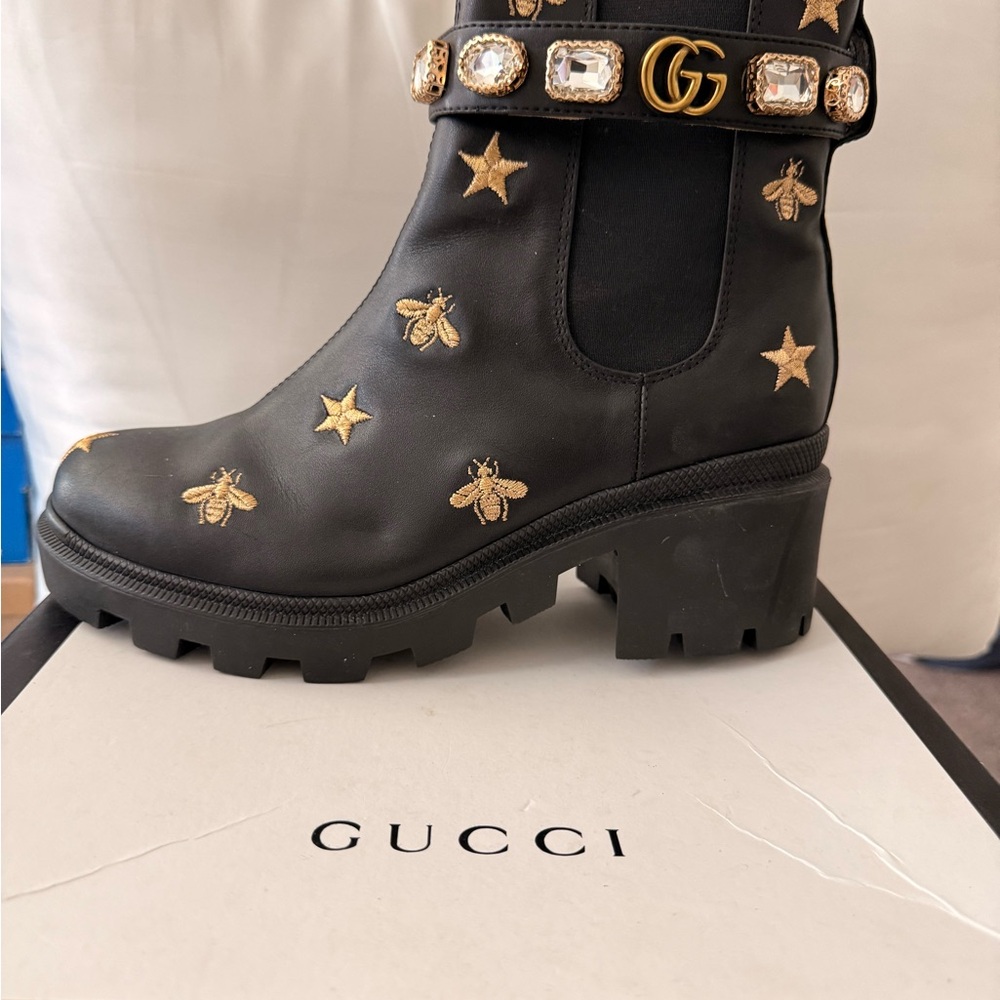 Gucci Black Ankle Boots with Gold Accents